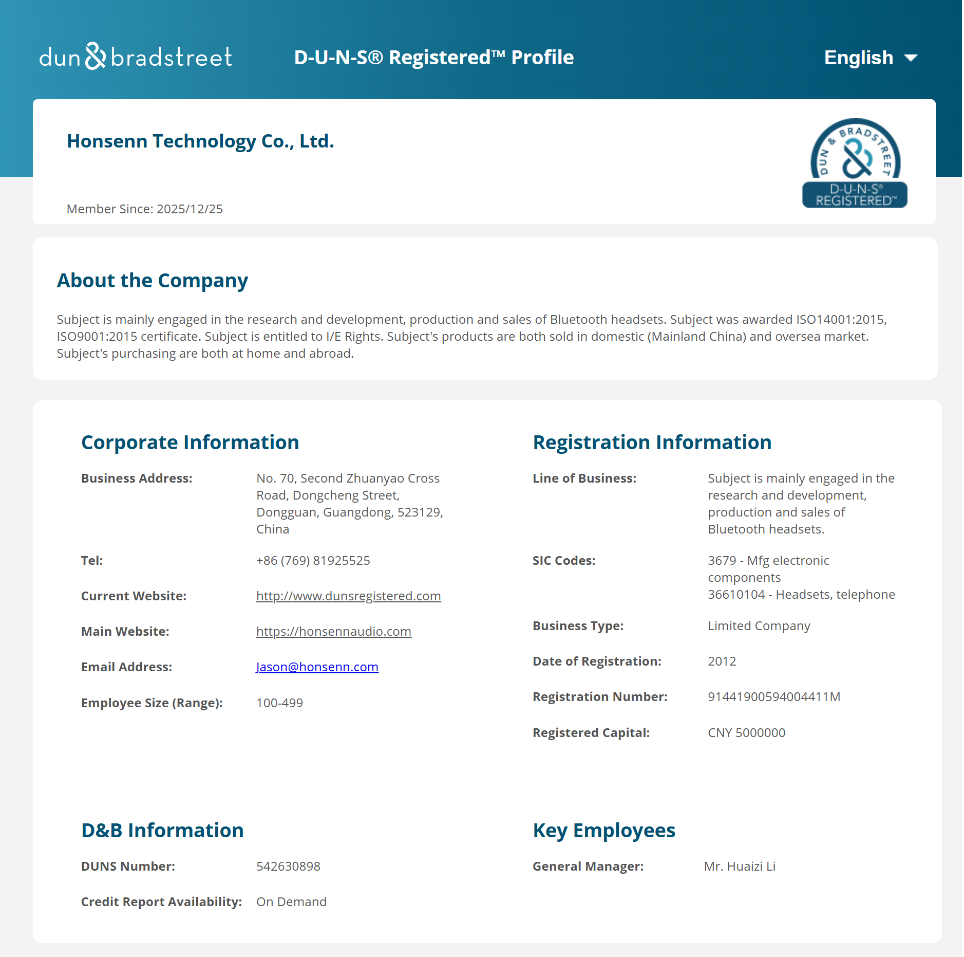 Honsenn Technology DUNS registered manufacturer profile 542630898 by Dun & Bradstreet headphone manufacturer